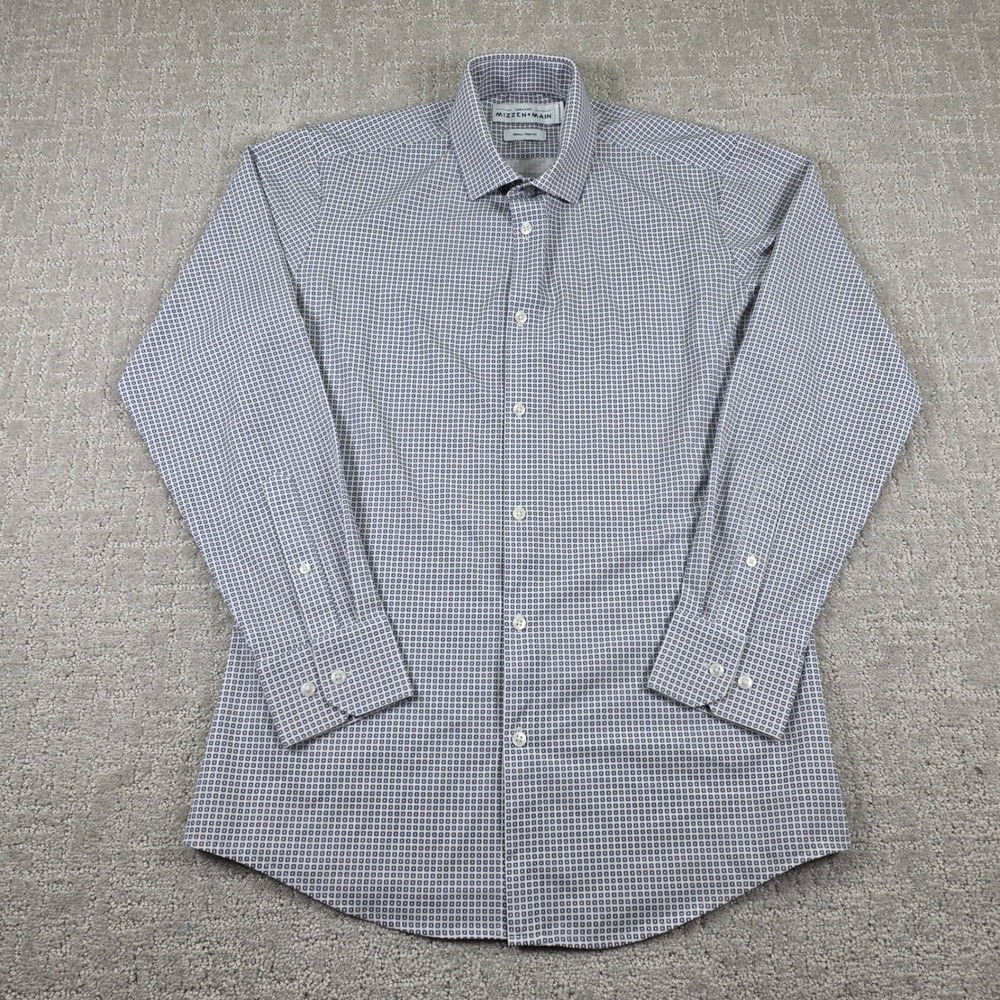 Mizzen+Main Leeward Trim Fit Dress Shirt Mens Small Blue White Geometric Stretch